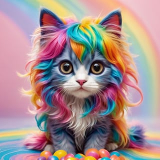 ((animal Cute kitten)), long-haired, 7-colored hair cat, candy-colored body hair,Rainbow haired girl ,Colourful cat 