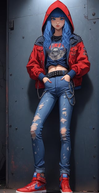 Extreme Detail,best quality,1 girl,18yo,Cute face,
1980’s thrash metal artist,(Wearing Blue Denim Jeket:1.8) ,camouflage pants,red hood, Nike Shoes, studded belt with chain,heavy_jacket,Beer beer