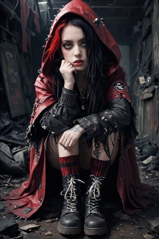 A punk rock rendition of Little Red Riding Hood emerges,14 years old, clad in a rebellious fusion of edgy fashion. Her signature red hooded cape is reimagined with torn, fishnet accents and adorned with punk-inspired patches and pins.Septum Piercing, more Coal, Ratty dreads, More patchs, Crust core, anti union flag design, dirty torn studded Spikes leather jacket, hardcore Punk Style jacket, lot Punk badge,military boots lace up her legs, contrasting with the vibrant crimson of her cape. ,rebevelin,dal,pink-emo