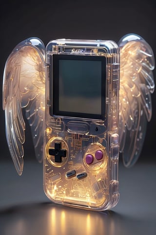 Transparent Body Game Boy, with angelic wings sprouting from its sides hovers gracefully in the air, its buttons and screen aglow with a soft celestial light. The wings, delicate yet radiant, seem to pulsate with a divine energy, lending an ethereal quality to the device.,wings