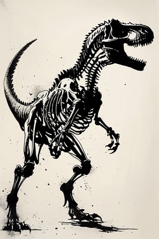 The Tyrannosaurus Rex skeleton, seems to come alive with dynamic energy, its white bones exuding an illusion of movement,Each bone is meticulously crafted to capture the essence of the fearsome predator, evoking a sense of primal power and vitality even in its fossilized form,ink