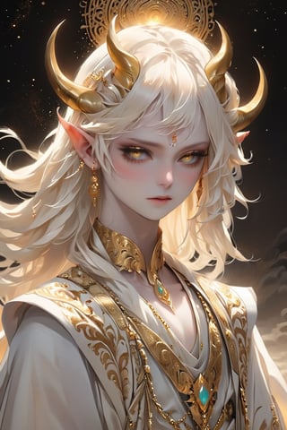 Beautiful albino demon boy,(long Demon horns:1.2), Arabian Nights-inspired ensemble, evoking the mystique and allure of the desert nights. Dressed in flowing robes adorned with intricate gold embroidery and jewels, he exudes an air of exotic elegance. His pale skin contrasts beautifully with the rich fabrics, while his eyes gleam with an otherworldly light. With each step, he moves with a sense of grace and confidence, embodying the enigmatic charm of the Arabian Nights tales, Despite his demonic nature, ,ani_booster,ct-niji2