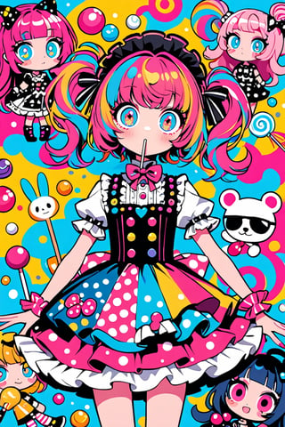 children's doodle style,
Colorful pop art, candy pop, lollipop punk, brightly colored berry beans, emo pink lolita girl,big Eyes,A dress made of jelly and ice cream,
 maximalism designemo,dal-6 style,Color Splash