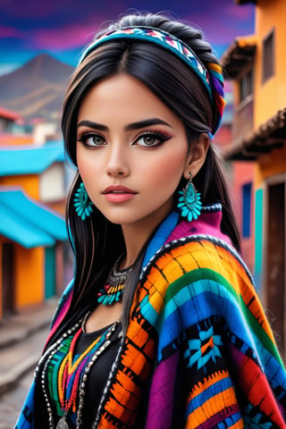 photo realistic,Bolivian girl, fusion of Bolivian traditional attire and Gothic punk style creates a unique and captivating look,colorful Woollen Poncho, The bold colors and intricate patterns of the traditional garments are juxtaposed with edgy accessories and dark accents characteristic of the punk aesthetic.,K-Eyes,dal,
Background: Beautiful South American cityscape,PIXAR