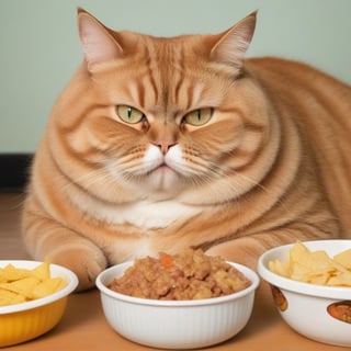 
Gluttony cat, a fat cat eating food all over the place