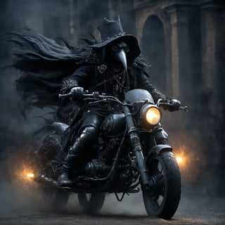 (motion blur effect),
Imagine a Gothic, classical motorcycle ridden by a plague doctor. The bike features an antique black finish with intricate silver detailing and wrought-iron filigree. The seat is rich black leather with tufted buttons, and the fuel tank has haunting gothic patterns. Lantern-style headlights emit a dim, eerie glow. The plague doctor, in his beaked mask and flowing cloak, creates a striking, otherworldly image, blending historical darkness with gothic elegance.,madgod,stop motion,horror,action shot