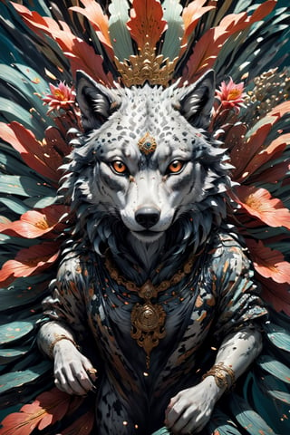 Animal close up portrait, Chaotic black and white patterns, asymmetrical silhouettes, (Ultra High Definition), (Ultra-Realistic 8k CG),colorful sea‐lily,
1Wolf,decorated with gold, tattered ,detailed,in Velvet Room,Acidmelt,colorful,anthro