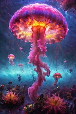 Entanglement art, mysterious phenomena, psychedelics, giant jellyfish swimming in a rainbow-colored universe,
