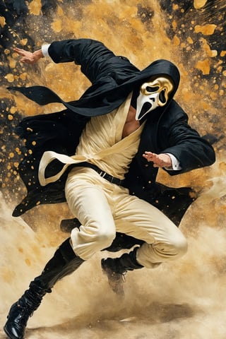 ((gold-ink folding and gold Leaf art)),
A man in a black coat and a white ghostface, ghost face costume,
saturday night fever!!!!!,action shot,japanese art,Ukiyo-e