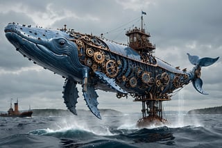Imagine a colossal blue whale powered by intricate gears and machinery. Its body, a blend of organic and mechanical elements, is covered in metallic plates interwoven with large, visible gears and pistons that move rhythmically with each breath. The whale's eyes are mechanical, glowing softly with an otherworldly light. Steam occasionally hisses from vents along its sides, and its fins are reinforced with metal, resembling the wings of a steampunk airship. This majestic, gear-driven blue whale glides effortlessly through the water, a stunning fusion of nature and steampunk engineering.,Mechanical