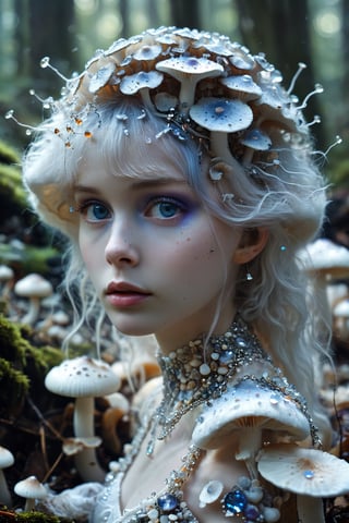 albino mushroom girl, mushroom Head,((Mushrooms made of gemstones)), drill hair,
stands amidst the tranquility,Adorned with soft, pale-colored petals resembling mushroom caps and delicate mycelium cascading from her hair, she exudes ethereal beauty.,Her eyes silver or pale blue, convey mystery and wonder as she moves gracefully through the enchanted landscape, Surrounded by vibrant colors and playful woodland creatures, she embodies the magic and wonder of nature's hidden treasures.",mushroomz,dal,Amethyst ,Crystal game props,1girl