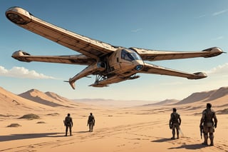 The giant ornithopter in Dune, an dragonfly-like vehicle that flies through the air on flapping wings, its huge wings spreading across the desert sky,((4 pairs of wings)),
The exterior of the Ornithopter consists of huge dragonfly-like wings,armored and military looking,
In the desolate terrain of Dune, the ornithopter serves as an important means of transportation,comic book