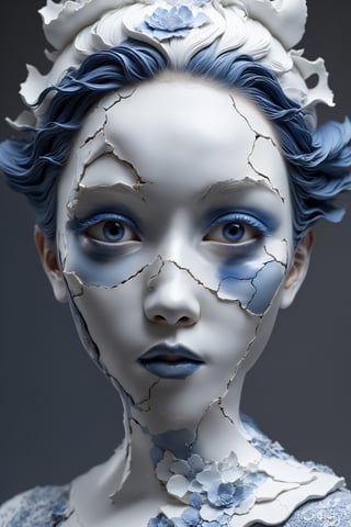 a woman made out of porcelain, white and blue, detailed facial features, organic forms, meticulous,makima,perfecteyes,((crack))