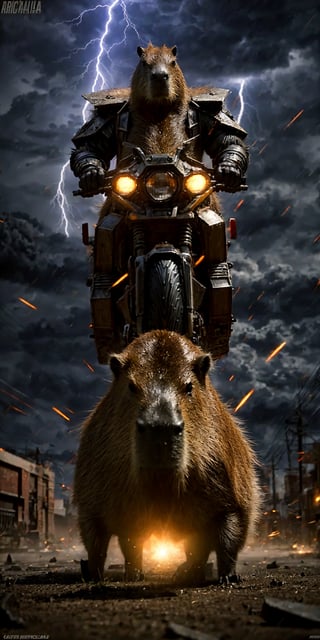  realistic,
Badass capybara (playing guitar) with dark aura around, overwhelmed by his power, heavily enchained on the ground, trying to explode to free himself from the chains but he can't because chains are too big, wearing mechanical enhancements,epic and dynamic composition, thunder everywhere, cataclysm,dark cityscapes background, artstation, hdr, colorful shot, intricate details, cinematic, detailed, stormy weather, detailed art deco ornamentation, tons of flying debris around him,capybara