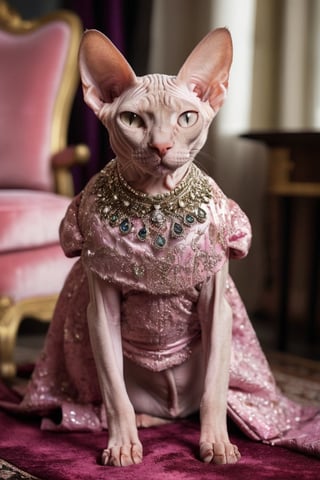 Portrait of a cute pink Sphynx cat, the cat is wearing a luxurious jeweled dress, on a velvet rug,bustle dress