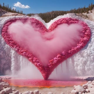 Picture a Yellowstone National Park geyser surrounded by a vibrant sea of blooming ❤ ❤ ❤,Geysers spewing out large numbers of hearts  ❤ ❤ ❤,Geyser in the shape of a heart symbol, their petals carpeting the ground in every shade of red, pink, and white imaginable. Amidst this floral paradise, the geyser's steam rises like a veil, casting a soft, ethereal glow over the scene. The scent of roses fills the air,grandpr1smat1c,Flora,ap0l0veh3art5 style