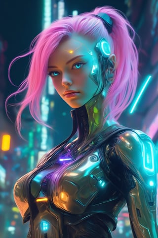1girl,cyberpunk elf girl,She has sleek metallic armor with neon-lit circuits and glowing interfaces, Her pointed ears feature high-tech devices, and her eyes emit a soft, luminescent glow, enhanced with augmented reality overlays. Vibrant, electric-colored hair flows down her back, intertwined with fiber-optic strands that pulse with data. She wears a fitted, futuristic bodysuit with intricate, glowing patterns, and her cybernetic limbs are equipped with advanced weaponry and tools. She moves through a neon-drenched urban landscape, blending organic grace and technological sophistication, embodying the essence of a cyberpunk elf.,xl_cpscavred,txznmec,racingmiku2022