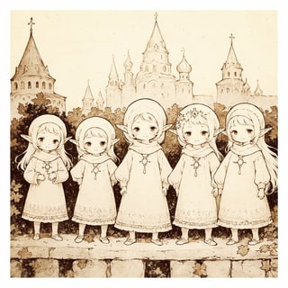 fairy tale illustrations,Simple minimum art, 
myths of another world,
pagan style graffiti art, aesthetic, sepia, ancient Russia,cute troll family