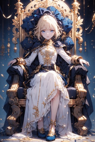 Azur Lane,
Solo､12year old beautiful actress girl,petite body, bangs,blonde hair,blue eyes, petite,tall eyes, beautiful girl with fine details, Beautiful and delicate eyes, detailed face, Beautiful eyes,luxury European Armor,Blue long skirt, blue shoes, white gloves with gold decoration,ultra detailed, official art, masterpiece,throne room background,phSaber, bouquet, joints, grey dress, mechanical arms
