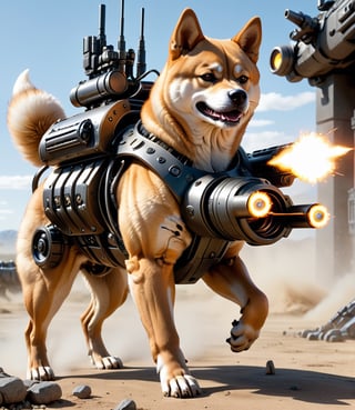 Extreme detailed,ultra Realistic,futuristic,
A Shiba Inu with a high-tech Gatling gun on its back,Solo,1
Dog,large Gatling gun,fire,high-tech cybernetics Dog,four legs,
ULTRA Real,Realistic dog,military,monster