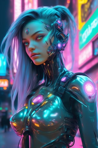 1girl,cyberpunk elf girl,She has sleek metallic armor with neon-lit circuits and glowing interfaces, Her pointed ears feature high-tech devices, and her eyes emit a soft, luminescent glow, enhanced with augmented reality overlays. Vibrant, electric-colored hair flows down her back, intertwined with fiber-optic strands that pulse with data. She wears a fitted, futuristic bodysuit with intricate, glowing patterns, and her cybernetic limbs are equipped with advanced weaponry and tools. She moves through a neon-drenched urban landscape, blending organic grace and technological sophistication, embodying the essence of a cyberpunk elf.,xl_cpscavred,txznmec,racingmiku2022