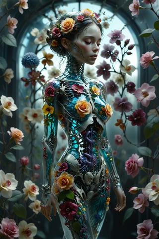 1girl,solo,"Transparent glass female cyborg. Skeleton and organs made of vibrant flowers. Mechanical joints visible. Heart of roses, lungs of hydrangeas, brain of orchids. Flowers spilling from slight cracks. Soft backlighting emphasizing transparency. Elegant pose. Simple futuristic background. Photorealistic style with high detail on glass and floral elements.",Clear Glass Skin,tranzp,Flower queen