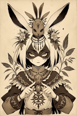 fairy tale illustrations,Simple minimum art, Walpurgisnacht,
myths of another world,
pagan style graffiti art, aesthetic, sepia, ancient Russia,
A female shaman,(wearing a rabbit-faced mask),