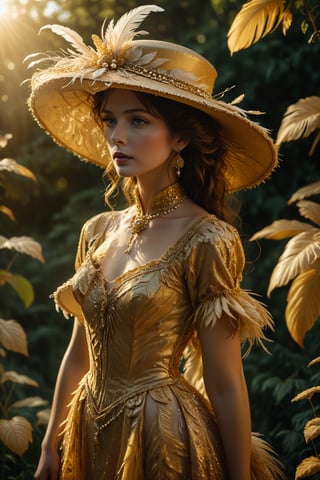 A woman wears a 19th century morning dress with intricate details that exudes luxury and elegance.
The dress is beautiful and golden, the wide-brimmed hat decorated with feathers, silk and strings of pearls is reminiscent of the luxurious fashion of the dynasty era, and the lush garden is illuminated by the golden light of the morning sun. It stands, is a beauty that captures the essence of 19th century elegance and splendor,crystalline dress