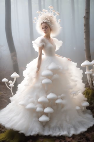  1girl,mushroom princess, in a stunning dress made of pure white slime mold, The ethereal gown flows like fine lace, glistening softly. Her crown, made of delicate mushroom crown, sparkles with tiny glowing spores. Standing in a mystical woodland glade, she embodies nature's elegance and mystery, her living dress swaying gently. The princess exudes purity and enchantment, showcasing the unexpected beauty of the natural world.,mushroomz,water dress