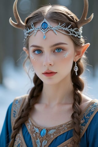 ancient Nordic legendary Young elf,elf ear,She wears a crown adorned with intricately carved antlers,mysteriously blue eyes, adding an air of mystique and wisdom. Her attire is a flowing ancient Germanic dress, crafted from natural fabrics and decorated with detailed embroidery and runic symbols. The dress features earthy tones and elaborate patterns that reflect her deep roots in nature and lore.,Lace Blindfold,IMGFIX,zavy-hrglw,Realistic Blue Eyes,gl1tt3rsk1n