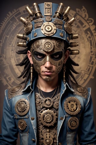 "Generate an image through StyleGAN featuring Tezcatlipoca in a steampunk-inspired design. Envision the Aztec deity with steampunk elements such as gears, cogs, and brass accents seamlessly integrated into the traditional attire. Picture the denim jacket adorned with both metal band logos and steampunk embellishments, creating a fusion of ancient Aztec mythology, thrash metal fashion, and steampunk aesthetics. Strive for a composition that brings together the richness of these diverse influences in a visually intriguing and harmonious manner."