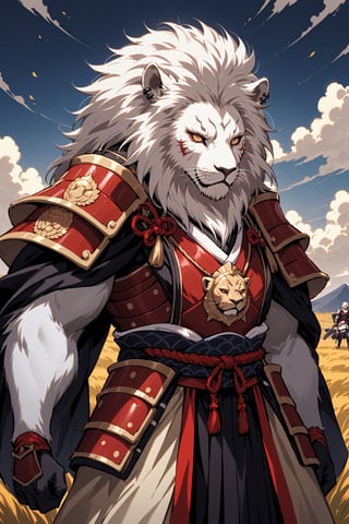  albino male lion, dressed in the attire of a samurai, its pristine white fur contrasting with the traditional samurai armor adorned with symbols of strength and honor. With a regal stance and piercing eyes reflecting wisdom and determination, the lion exudes nobility and power. Despite its imposing presence, there is a sense of grace and tranquility about this majestic creature. As it roams the plains, it commands respect and admiration, embodying the spirit of a noble warrior in the animal kingdom.,warrior