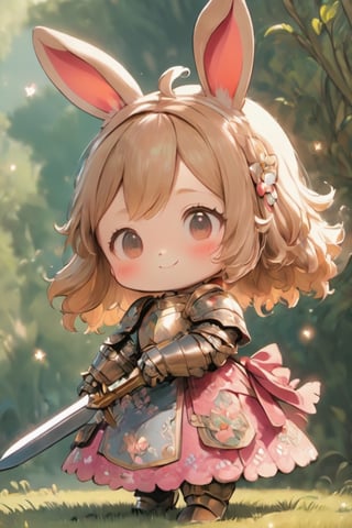 3D Figure,cute little brave  bunny,bunny ear,(rabbit nose:1.4),blush stickers,Smile with peace of mind,sparkling cute eyes,pink loli armored dress, weapon holding,Beautiful embroidered dress,kawaii knight,close up,3d figure,chibi