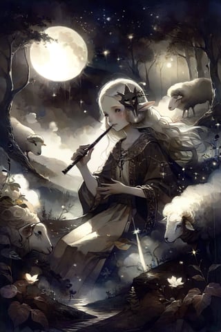 fairy tale illustrations,Simple minimum art, 
myths of another world,Perfect sky, moon and shooting stars,moon on face,
pagan style graffiti art, aesthetic, sepia, ancient Russia,(holy bard),holding an old flute,
A female shaman,(wearing a sheep faced mask:1.2),
Gentle rain, warm sunlight filtering through the leaves, ancient forest,
watercolor \(medium\),DonMP4ste11F41ryT4l3XL,