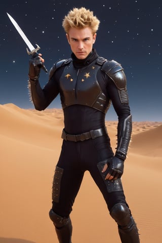 dune,1man, British male, exudes an air of mystery and danger, short spiky golden hair,((spiky punk hair)),slim body, athletic build,Clad in an all-black cyber suit, he holds a gleaming  short knife, showcasing his readiness for action,Against the backdrop of the desert, under a sky adorned with giant stars, 