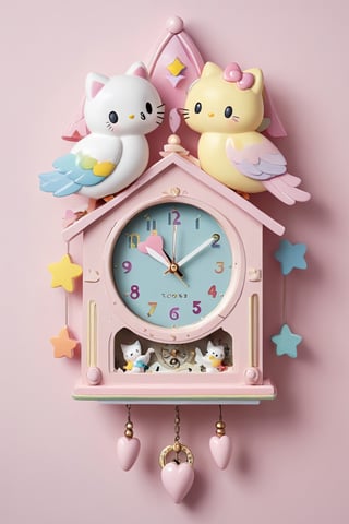Cuckoo Clock,In a whimsical world reminiscent of Sanrio, a charming cuckoo clock adorns the wall in a delightful design. The clock face, decorated with pastel colors and adorable characters, playfully depicts Hello Kitty, My Melody, and other Sanrio friends. Instead of numbers, small hearts and stars mark the time, adding sweetness to each passing moment. The hands of the clock, shaped like a miniature rainbow, gracefully cross the dial to the gentle cooing of a dove. At every hour of the hour,kawaiitech