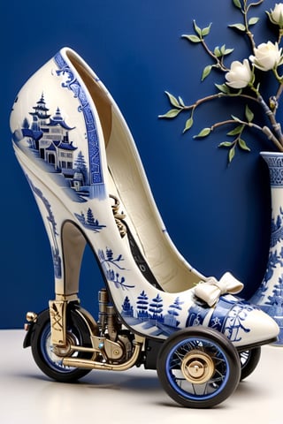 digital art, 8k, picture of a high heel woman's shoe made out of bone china in the japanese blue willow pattern, sid view of shoe  beautiful, highly detailed, whimsical, fantasy,High heels with wheels ,more detail XL,high heel car