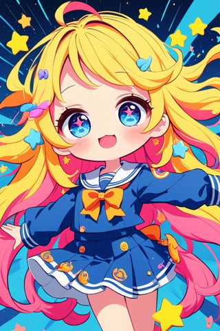 A kitschy and pop-style anime illustration,featuring an extremely deformed,1Girl, glamorous girl in a sailor uniform. The girl has exaggerated, large eyes sparkling with excitement and an over-the-top, cheerful expression. Her sailor uniform is brightly colored with bold, contrasting hues and glittering accents. She has voluminous, flowing hair adorned with cute accessories like bows and stars. The background is vibrant and busy,gloriaexe,dal-6 style