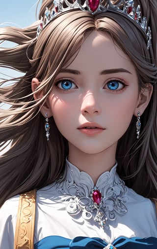ultra Realistic, Extreme detailed, 1 girl 12years old Princess,crown is silver with rubies that should be above her head in the air, the girl has blue eyes and brown hair, the skin color is closer to white, the girl should be at the bottom of the picture where only the top of her head is visible,