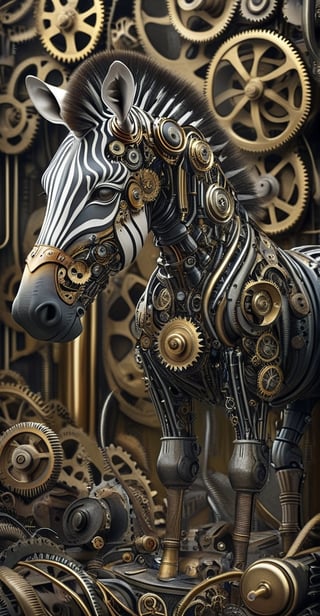 A zebra with a deformed head, a zebra whose face is a cathode ray tube monitor, and whose body is made up of countless gears, metals, and circuit boards.,Mechanical,DonMSt34mPXL