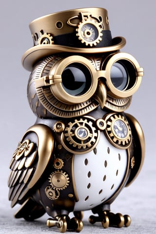 Visualize a cute owl character in a Sanrio-style design infused with elements of steampunk. With expressive eyes framed by brass goggles and adorned with clockwork gears, this adorable owl exudes whimsical charm. Its plumage features intricate mechanical details, while a miniature top hat atop its head adds a fashionable touch. Despite its steampunk embellishments, the owl retains its signature cuteness, inviting affection and admiration. This fusion of Sanrio and steampunk aesthetics creates a character that captivates with its charm and creativity.,Owl