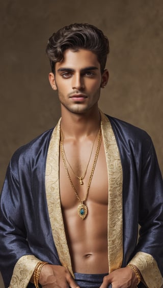 ultra Realistic,
high-Detailed beautiful face,cowboy shot,
young Indian man,golden necklchain,
full body,perfect Face,wear kimono very loose and slovenly,luxury male kimono,
European antique room background,p3rfect boobs,cleavage,perfecteyes,