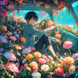1boy, interior of an old car, many beautiful blooming flowers, the car covered with plant vines, the interior of the car, a boy sitting in the car, the car is sunk at the bottom of the sea, beautiful flowers and coral reefs, many jellyfish surround the boy, flower car, in car,anime,underwater,emo
