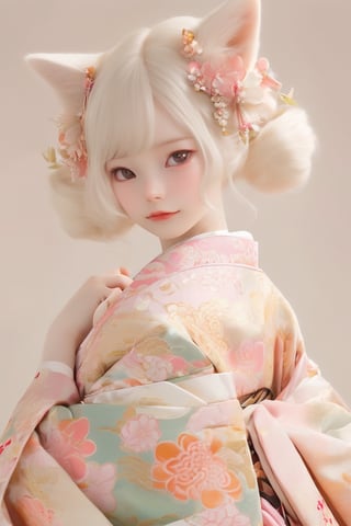 beauty albino fox girl,fox ear, adorned in a stunning fusion of Rococo and traditional Japanese fashion,Her kimono is intricately designed with elaborate Rococo patterns, featuring pastel hues and delicate floral motifs. The silhouette of the kimono is accentuated with layers of voluminous fabric, creating a regal and graceful appearance. Completing her ensemble, she wears accessories such as a decorative obi belt and elegant hair ornaments, all adorned with intricate Rococo details,ichika