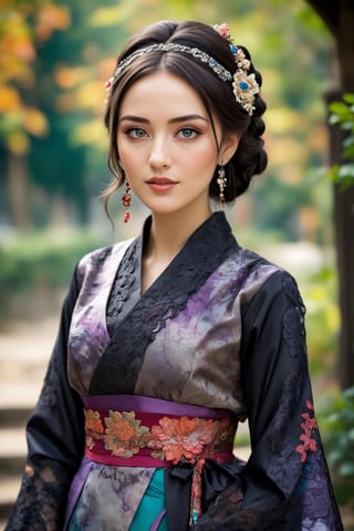  (beautiful French woman), beautiful Eyes,in a Central Asian wedding outfit, reimagined in Japanese Gothic style,Her colorful dress features intricate embroidery with Gothic lace and black accents, Kimono-style sleeves and an obi belt add a Japanese touch. She accessorizes with dark gemstone jewelry and a lace veil, her hair styled with braids and colorful ribbons, This fusion of Eastern European, Central Asian, and Japanese Gothic elements creates a unique and sophisticated look.,bustle dress,mad-marbled-paper,PIXAR,azlnfrmdbl