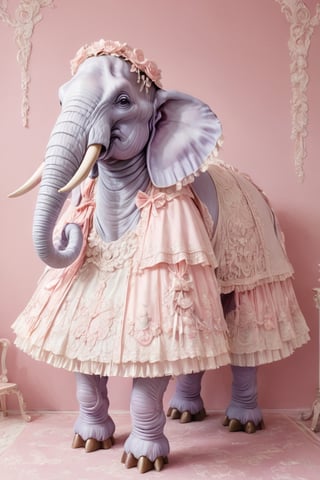 Picture a mammoth transformed into a Pink Lolita masterpiece. Its massive frame draped in layers of frilly lace and satin ribbons, with delicate bows adorning its tusks and trunk. The mammoth's fur is dyed in soft pastel shades of pink and White, lavender, and baby blue, creating a whimsical and enchanting appearance. As it roams through the prehistoric landscape, the Pink Lolita mammoth radiates charm and elegance,
