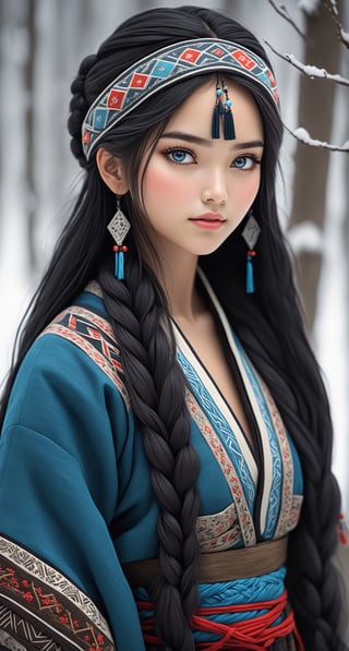 Realistic,full BODY,
Create an image depicting a beautiful girl wearing old traditional Ainu clothing,Russian a Siberian indigenous girl,long black straight hair,
Shabby threadbare worn-out clothes,beautiful crystal blue eyes,almond eyes,arment called an 'attush' made from intricately woven fabric, adorned with intricate geometric patterns. She also wears a 'kaparamip' headband with decorative embroidery,The clothing is rich in earthy tones like black and skull, reds, and greens, reflecting a deep connection to nature,
The girl stands in a serene frost forest setting, 
Girl dancing in the snow,