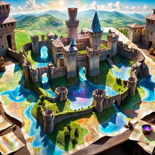 Top view of holographic magic map (3-D), Fénis Castle, Italy, three-dimensional depiction, emerging from a magic map, majestic fortifications, towering ramparts, double battlements, towers, intricate architecture, courtyard in the center of the keep, enchanting views of the Italian countryside, the map is lifted from paper It appears to float and sit on a wizard's desk. magic multicolor ink, high quality, imagination, 8K, fantasy art, vivid magical colors, style painting magic, map, itacstl