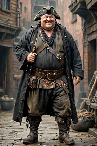 Ultra realistic,ugly old male pirate,low-ranking pirate,
black eyeliner, dirty coat,(fat),short hair,smile,(bandana hood:1.2),baggy trousers,gun belt, knee-length boots,Leonardo, Movie Still