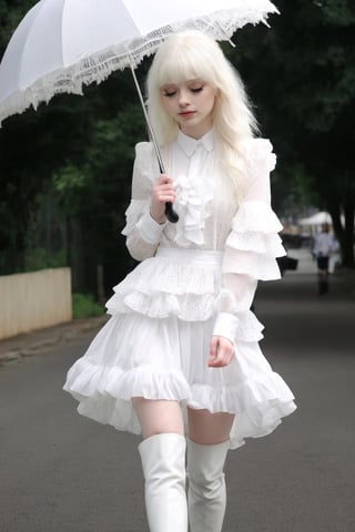 1 girl, albino  girl, with lethargic sleepy smokey eyes,white  hair,White eyebrows,((white eyelashes:1.2)),White Frilled Skirt,White Long Boots,He has a umbrella in his hand,
Walking with a parasol,
mesh fishnet blouse, ,dal,umbrella,hand holding umbrella